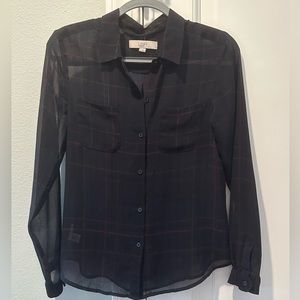 LOFT Plaid Sheer Button Down Long Sleeve Top, Navy + Maroon, Pink & Green Stripe